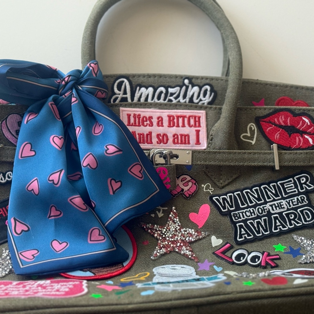Embroidered Tote Bag with Blue Heart Scarf